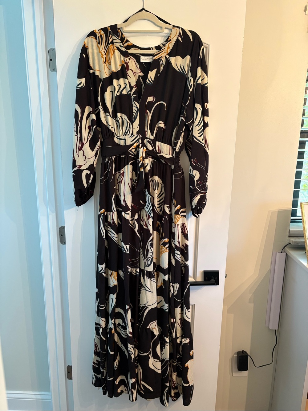 Premier Black Floral-Print Long Maxi Dress with Tie Front